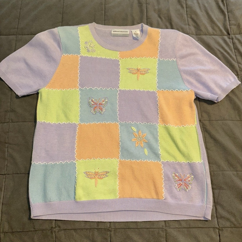 Vtg Alfred Dunner Embroidered Knit Sweater Top PL Pastel Butterfly Dragonfly